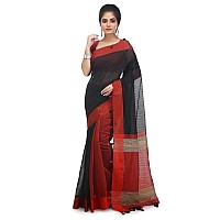 BENGAL HANDLOOM Womens Art Silk Cotton Stripe Saree with Blouse Piece Black and Red