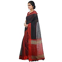 BENGAL HANDLOOM Womens Art Silk Cotton Stripe Saree with Blouse Piece Black and Red