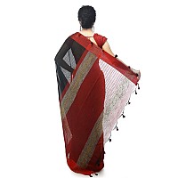 BENGAL HANDLOOM Womens Art Silk Cotton Stripe Saree with Blouse Piece Black and Red