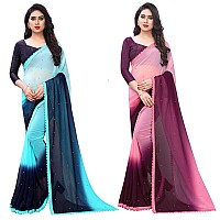 Blue Wish Womens Georgette Saree with Blouse Piece (Sky Blue and Pink)