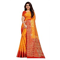 C J Enterprise Women Pure Soft Kanjivaram Silk Saree For Wedding Banarasi Sari Latest Party With Blouse Piece Kanchipuram Pattu Sarees Design Wear Cotton 2023 New Sadi (kismat-1 2024) (Yellow Red)