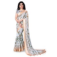 SOURBH Womens Cotton Blend Tropical Flowers Printed Woven Saree with Blouse Piece (21011, Grey, Beige)