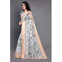 SOURBH Womens Cotton Blend Tropical Flowers Printed Woven Saree with Blouse Piece (21011, Grey, Beige)