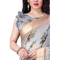 SOURBH Womens Cotton Blend Tropical Flowers Printed Woven Saree with Blouse Piece (21011, Grey, Beige)