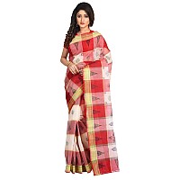 RAJ SAREE HOUSE Womens Pure Cotton Bengali Handloom Tant Print Saree without Blouse Piece - (Off White-Red)