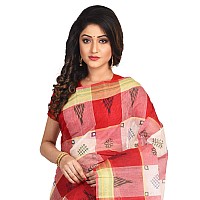 RAJ SAREE HOUSE Womens Pure Cotton Bengali Handloom Tant Print Saree without Blouse Piece - (Off White-Red)