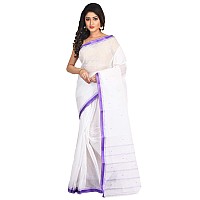 RAJ SAREE HOUSE Womens Traditional Pure Cotton Bengali Handloom Tant Saree - Without Blouse Piece (White)