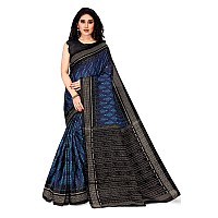 SOURBH Womens Art Silk Ikat Dyed Printed Saree with Blouse Piece (22085-Blue, Black)