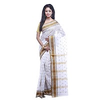 T.J. SAREES Pure Cotton Sarees for Women Traditional Tant Sarees Elegant and Comfortable Cotton Saree for All Occasions Without Blouse (White And Golden, Pack Of 1)