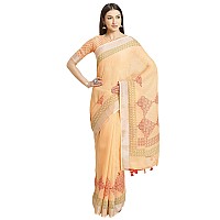 AKHILAM Womens Linen Geometric Saree With Unstitched Boluse PiecePeachKHNA83001