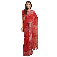 AKHILAM Womens Linen Geometric Saree with Unstitched Blouse PieceRedKHNA83004