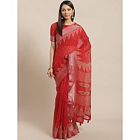 AKHILAM Womens Linen Geometric Saree with Unstitched Blouse PieceRedKHNA83004