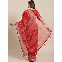 AKHILAM Womens Linen Geometric Saree with Unstitched Blouse PieceRedKHNA83004