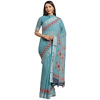 AKHILAM Womens Linen Geometric Saree With Unstitched Boluse PieceTeal BlueKHNA83009