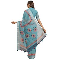 AKHILAM Womens Linen Geometric Saree With Unstitched Boluse PieceTeal BlueKHNA83009