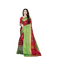 DHRUVI TRENDZ Womens Banarasi Cotton Silk Saree With Blouse Piece (Dt-S167_Royal Red Green)