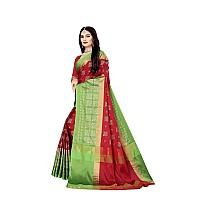 DHRUVI TRENDZ Womens Banarasi Cotton Silk Saree With Blouse Piece (Dt-S167_Royal Red Green)