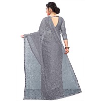 LOROFY Womens Net Saree With BlouseFree Size Grey