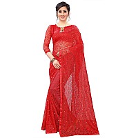 LOROFY Womens Net Saree With BlouseFree Size Red