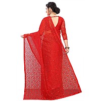 LOROFY Womens Net Saree With BlouseFree Size Red