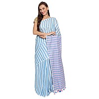 Studio Curate Women Pure Cotton Handloom Striped Saree with Blouse Piece White blue and pink