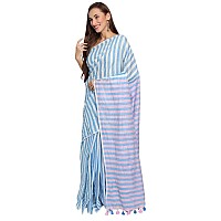 Studio Curate Women Pure Cotton Handloom Striped Saree with Blouse Piece White blue and pink