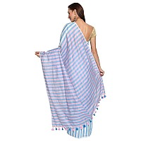 Studio Curate Women Pure Cotton Handloom Striped Saree with Blouse Piece White blue and pink