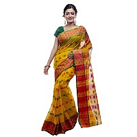 T.J. SAREES Womens Bengal Handloom Cotton Tant Saree With Attractive Bengali Border Without Blouse Piece (Yellow And Red - Pack Of 1)