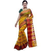 T.J. SAREES Womens Bengal Handloom Cotton Tant Saree With Attractive Bengali Border Without Blouse Piece (Yellow And Red - Pack Of 1)