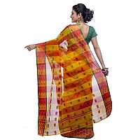 T.J. SAREES Womens Bengal Handloom Cotton Tant Saree With Attractive Bengali Border Without Blouse Piece (Yellow And Red - Pack Of 1)