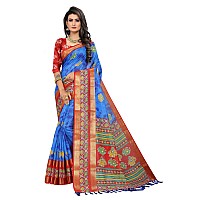 Divine International Trading Co Womens Cotton Blend Patola ikat Saree With Unstitched Blouse(Geometric-Blue)