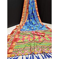 Divine International Trading Co Womens Cotton Blend Patola ikat Saree With Unstitched Blouse(Geometric-Blue)