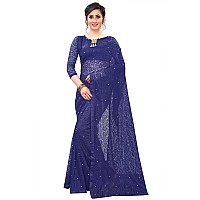 LOROFY Womens Net Saree With BlouseFree Size Navy Blue