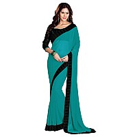 SOURBH Womens Faux Georgette Solid Saree with Blouse Piece (R3918-Turquoise, Black)