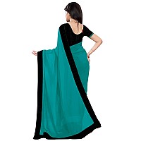 SOURBH Womens Faux Georgette Solid Saree with Blouse Piece (R3918-Turquoise, Black)