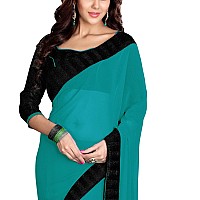 SOURBH Womens Faux Georgette Solid Saree with Blouse Piece (R3918-Turquoise, Black)