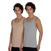 Damensch Mens Neoskin Antimicrobial Slub Vest Antiodorbamboo Rayon Fabric Round Neck Pack Of 2 Crisp Grey Breezy Beige