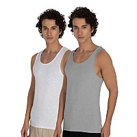 Damensch Mens Neoskin Antimicrobial Slub Vest Antiodorbamboo Rayon Fabric Round Neck Pack Of 2 Crisp Grey Bright White