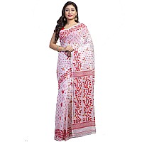 T.J. SAREES Womens Handloom Soft Dhakai Jamdani Collection Silk Blend Original Pure Reshom with Combination Saree (White)