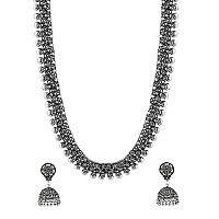 Yellow Chimes Ethnic German Silver Oxidised Long Necklace Set Traditional Jewellery Set for Women and Girls, medium (YCTJNS-OXD50LNGCH-SL