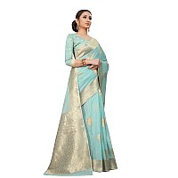 Enthone Womens Cotton Gold Zari Woven Thread Saree With Unstitched Blouse PieceBlue