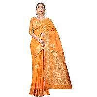 Enthone Womens Cotton Gold Zari Woven Thread Saree With Unstitched Blouse PieceOrange