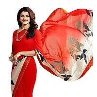 Shruhad Womens Georgette Printed Saree with Jacquard Lace Border & Blouse Piece in Red color (Saree Length 6.3 Mtr) (red)