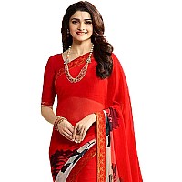 Shruhad Womens Georgette Printed Saree with Jacquard Lace Border & Blouse Piece in Red color (Saree Length 6.3 Mtr) (red)