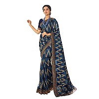 Shruhad Womens Kanjivaram Silk Printed Saree in Blue Color with Jacquard Lace Border Blouse Piece Saree Length 63 Mtr BLU