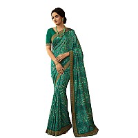 Shruhad Womens Kanjivaram Silk Printed Saree in Blue Color with Jacquard Lace Border Blouse Piece Saree Length 63 Mtr RAM