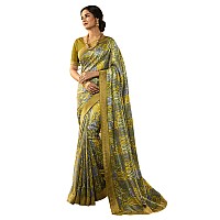 Shruhad Womens Kanjivaram Silk Printed Saree in Grey Color with Jacquard Lace Border Blouse Piece Saree Length 63 Mtr gre