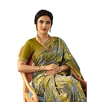 Shruhad Womens Kanjivaram Silk Printed Saree in Grey Color with Jacquard Lace Border Blouse Piece Saree Length 63 Mtr gre