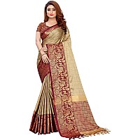 PristiveFashionHub Womens Cotton Silk Saree With Blouse Piece (Cottonsilk_Jacquard Silk_Creme_Cream)