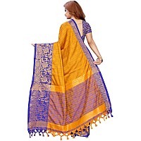 PristiveFashionHub Womens Cotton Silk Saree With Blouse Piece (Cottonsilk_Jacquard Silk_Blue_Yellowblue)